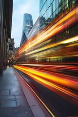 Obraz premium Stunning Urban Motion Blur of a Bus in a City with Modern Architecture and Dynamic Light Trails : Generative AI