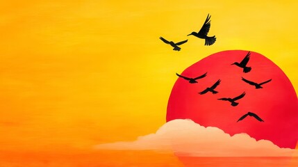 Silhouette of Birds Flying Against Vibrant Sunset Background