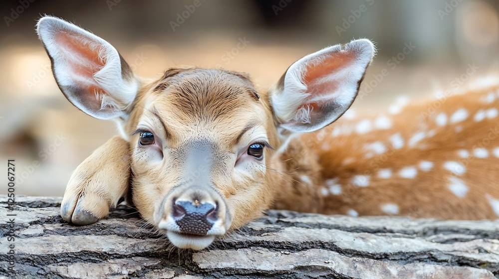 Poster Charming Close-Up of a Young Fawn Resting on a Log with Soft Background Blurring : Generative AI
