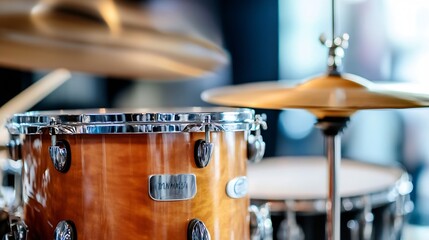 Obraz premium Close Up of a Beautifully Polished Wooden Drum Set Highlighting the Art and Craftsmanship of Playing : Generative AI