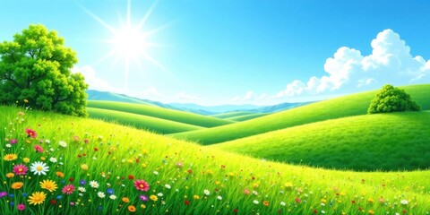 Obraz premium Serene Meadow Landscape Rolling Green Hills, Lush Grass, Vibrant Wildflowers, and Sunny Sky