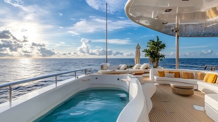 Fototapeta premium Luxurious Yacht Deck with Swimming Pool and Comfortable Lounge Area Overlooking the Ocean at Sunset : Generative AI