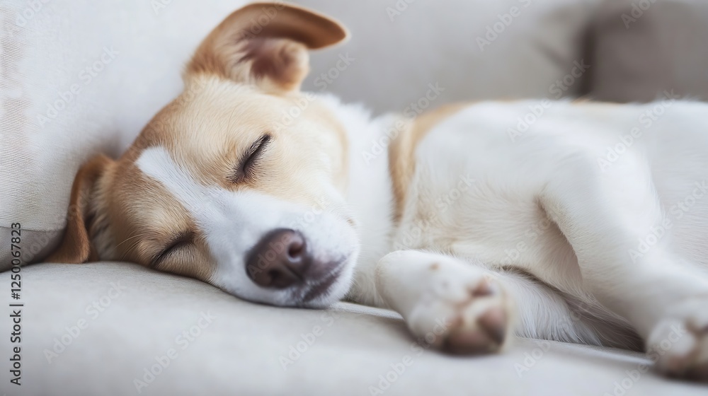 Poster peaceful and relaxed sleeping dog nestled on a comfortable sofa in cozy home setting : generative ai