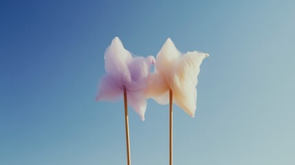 Fototapeta premium Whimsical Cotton Candy Sticks Against Clear Blue Sky Background