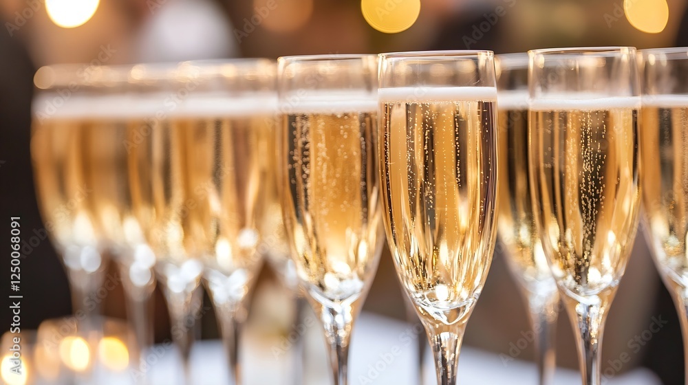 Poster elegant champagne glasses ready for celebration with bokeh lights in background : generative ai