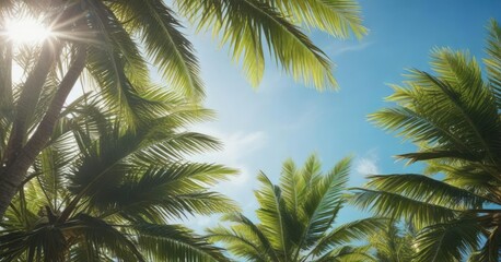 Fototapeta premium Coconut leaves rustling softly against the blue sky on a sunny day, clear blue sky, serene landscape