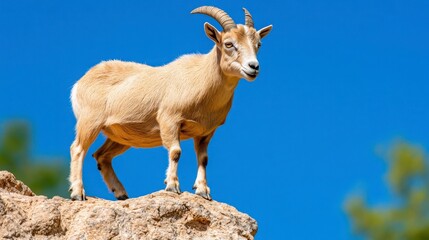 Majestic Mountain Goat Standing on Rocky Outcrop Against Blue Sky