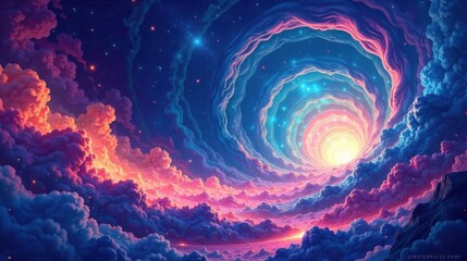 A Celestial Vortex of Vibrant Hues and Glowing Stars Within a Dreamlike Cloudscape