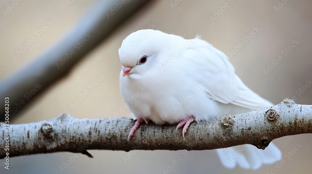 Poster Fluffy White Bird Sitting on a Branch Against a Soft Blurred Background : Generative AI