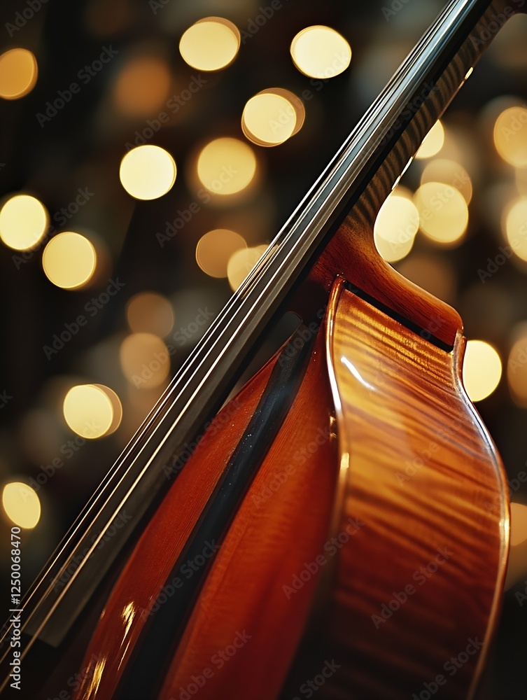 Poster Beautiful close up of a violin showcasing the elegant wood grain and reflections against a backdrop of soft bokeh lights : Generative AI