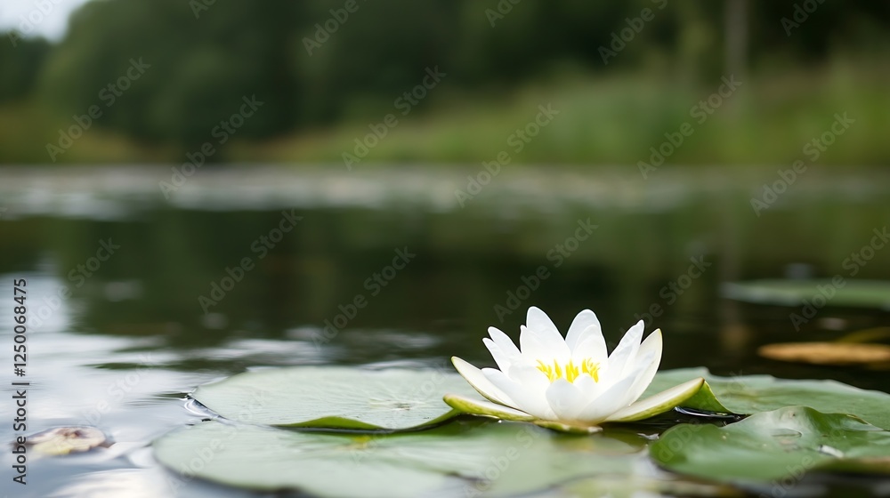 Poster serene white water lily floating on calm water surface in natural habitat : generative ai