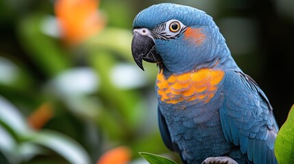Obraz premium A vibrant blue parrot with orange accents perched among lush green foliage.