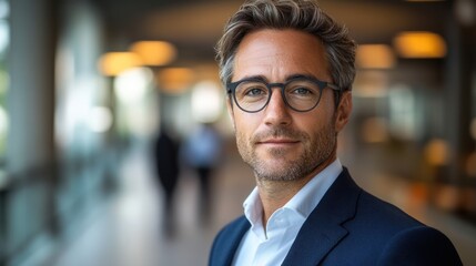 Obraz premium Confident middle-aged man in glasses and suit.