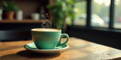 Aromatic Steam Rising from a Latte in a Mint Green Cup on a Wooden Table by a Window