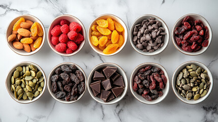 creative flat lay of brain boosting snacks including nuts and dried fruits