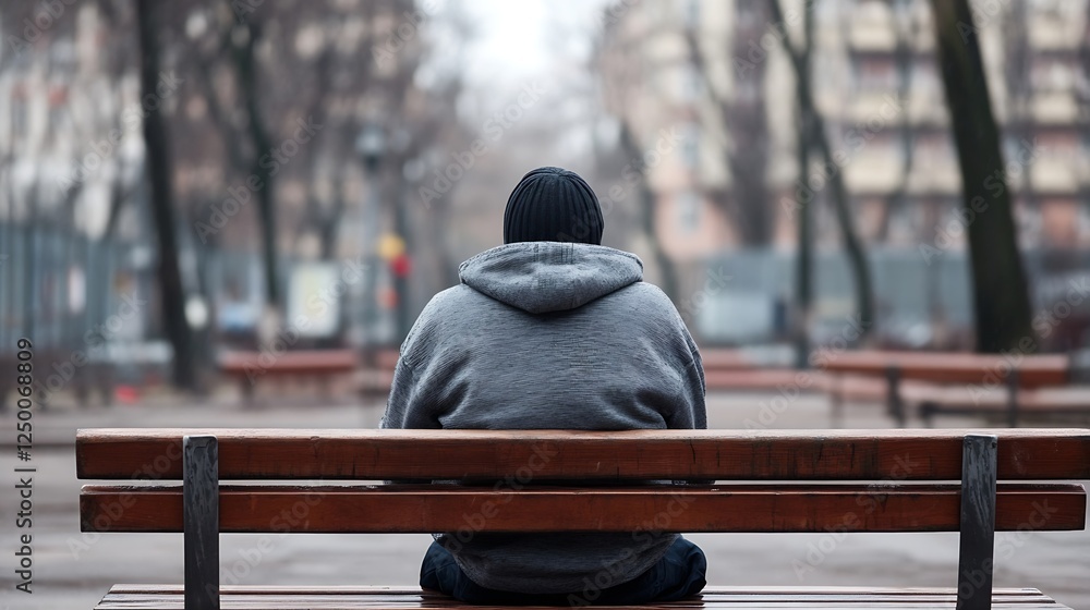 Aufkleber contemplative figure sitting on a park bench in a quiet urban environment during a chilly day : gene