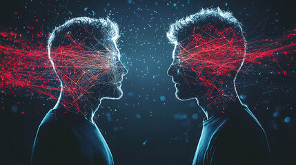 Naklejka premium A digital artwork depicting two silhouettes facing each other, connected by glowing lines against a dark background with abstract red and white dots. The silhouettes are composed of interconnected 