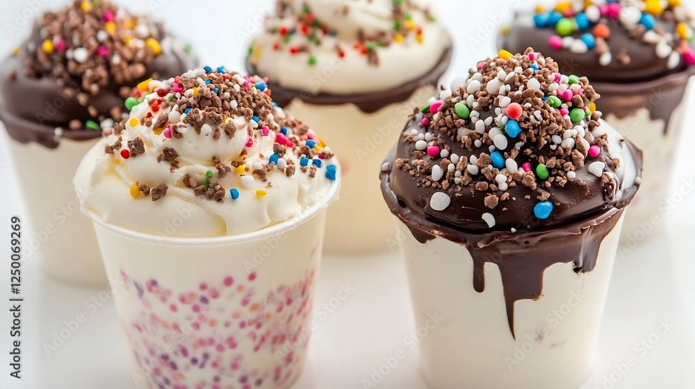Poster delicious and indulgent ice cream cupcakes adorned with colorful sprinkles and toppings : generative