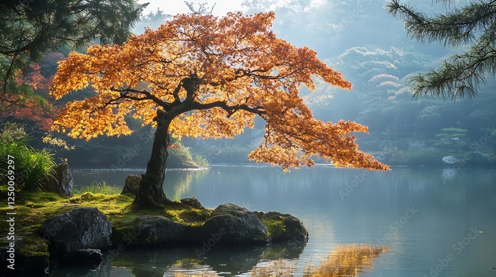 Aufkleber serene autumn view of a vibrant orange tree reflected in a calm lake surrounded by nature : generati