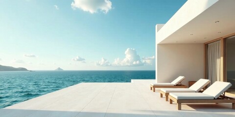 Fototapeta premium Oceanfront Relaxation Modern Minimalist Design with Sun Loungers and Expansive Sea Views