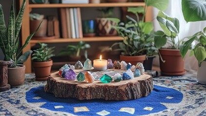 Crystals Arranged on Wooden Slice with Candle, Creating a Serene Atmosphere for Meditation and Relaxation in a Home Setting.