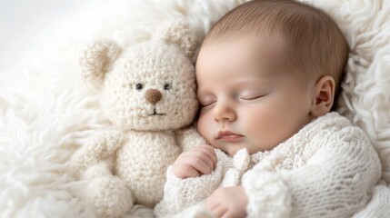 Adorable Sleeping Baby with Soft Teddy Bear in Warm Cozy Blanket : Generative AI
