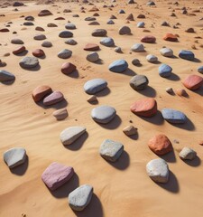 Colored fine granite stones scattered on a warm sandy ground in the desert, dry land, natural scenery