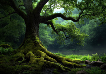 A sprawling oak tree with moss-covered roots stands gracefully by a serene body of water, surrounded by lush greenery.
