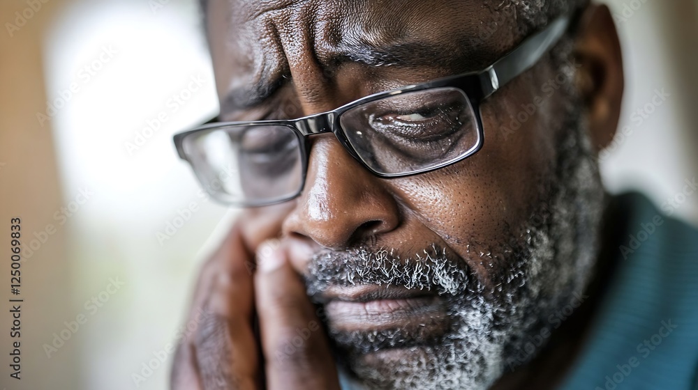 Poster Emotional Portrait of Older Man with Glasses Displaying Sadness and Reflection in Close Up : Generative AI