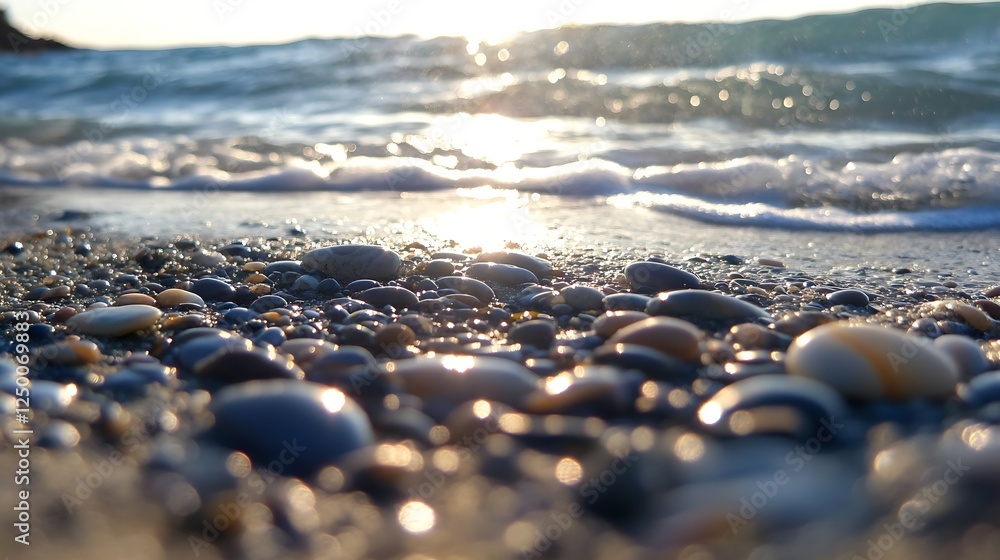 Poster close-up of smooth pebbles along the shore with sunlight reflecting on the water : generative ai