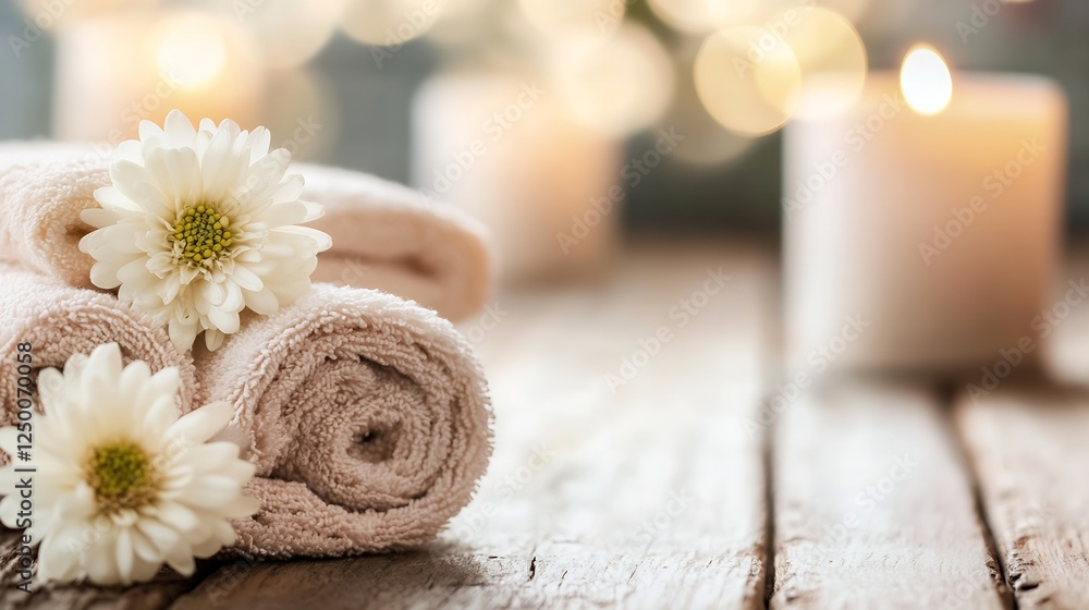 Poster relaxing spa towels with flowers creating a serene wellness retreat atmosphere : generative ai