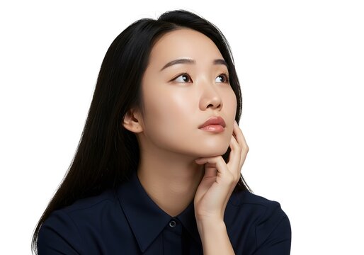Asian Woman Looking Upward with Hand to Face in Thoughtful Pose