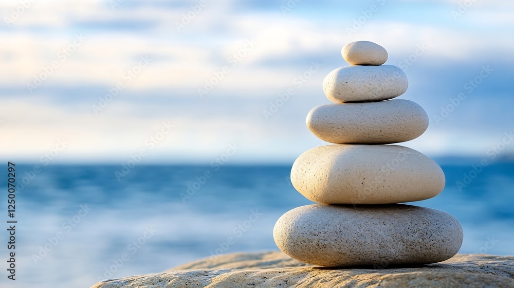 Poster Balanced Stack of Smooth Pebbles on a Rock by the Ocean with Clear Blue Waters : Generative AI