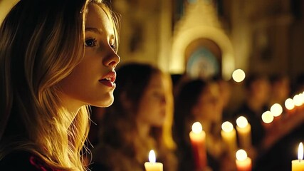 Candlelight ceremony held inside a historic building at dusk with participants holding candles in prayerful reflection