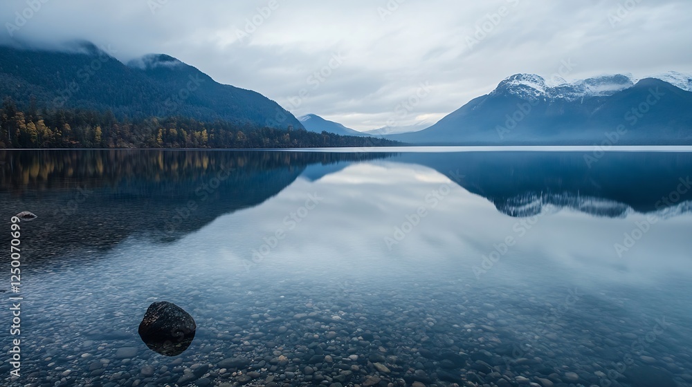 Poster tranquil reflection of mountains and sky on a calm lake surrounded by nature : generative ai