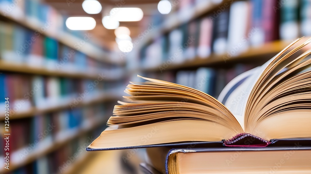 Poster open book with pages turning in a library full of colorful books : generative ai