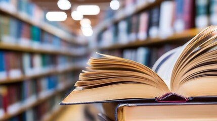 Open Book with Pages Turning in a Library Full of Colorful Books : Generative AI