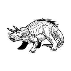 a black and white drawing of a dinosaur in vintage art style