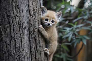 Obraz premium Rusty-colored kitten climbing tree, lush foliage background; wildlife, nature, pet