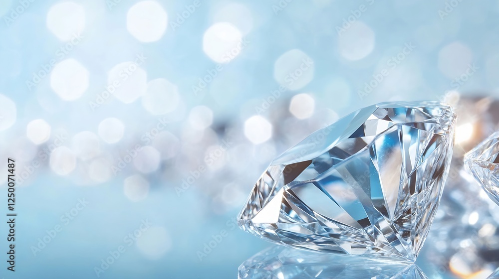 Aufkleber Stunning Close Up of Sparkling Diamonds with Bokeh Effect on Light Blue Background : Generative AI
