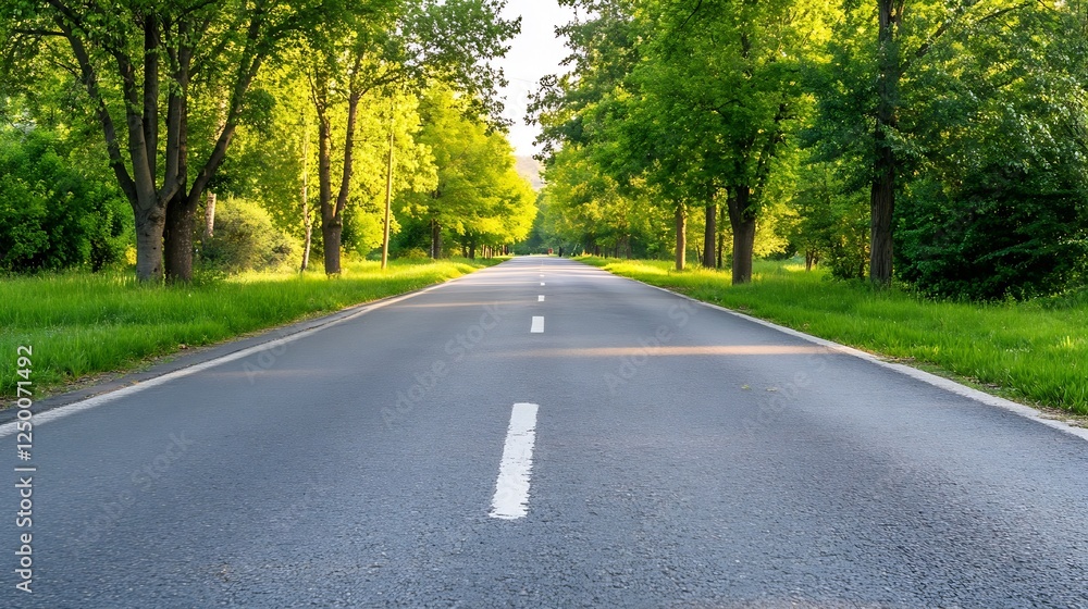 Poster scenic view of a tree lined road surrounded by lush green nature : generative ai