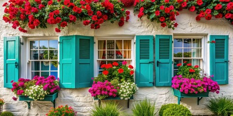 Naklejka premium A charming white cottage, accented by teal shutters, bursts with red and white impatiens.