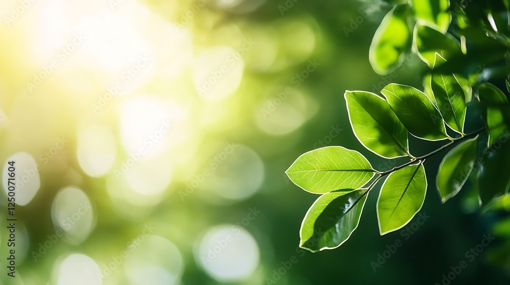 Fototapete close up of green leaves in natural light with soft bokeh background : generative ai
