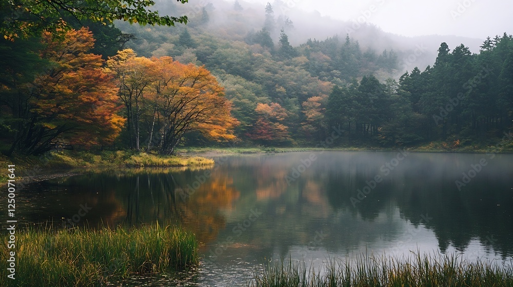 Poster serene autumn landscape with colorful trees and calm waters reflecting in the lake : generative ai