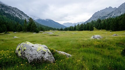 Expansive Mountain Meadow Field Surrounded by Majestic Mountain Range : Generative AI