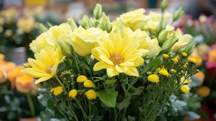 Fototapeta premium Vibrant yellow flower bouquet with roses and daisies.