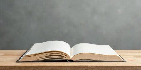 Open Book on Wooden Table Against Gray Background A Study in Simplicity and Potential