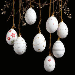 Beautifully decorated white Easter eggs hanging in isolation on a sleek black background. Perfect for holiday, spring, and festive themes.
