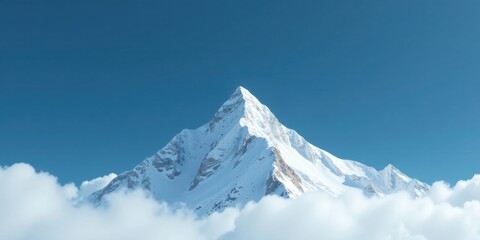 Obraz premium Majestic snow-capped peak rising above a sea of clouds under a vibrant blue sky, a breathtaking winter landscape scene