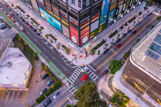 Target, Overtown Miami, Florida USA - 1/06/2025: 

Evening aerial shot of the Target entrance located in Overtown Downtown Miami. 
